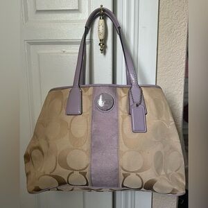 Coach Purple Lavender and Tan Kiss lock Jacquard Hand Bag Tote